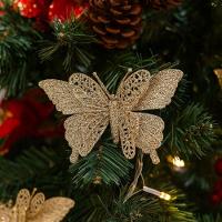 Jogo 4 Borboletas Champanhe Glitter 12x18cm Enfeite Natal Com Presilha - 2