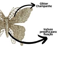 Jogo 4 Borboletas Champanhe Glitter 12x18cm Enfeite Natal Com Presilha - 3