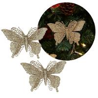 Jogo 4 Borboletas Champanhe Glitter 12x18cm Enfeite Natal Com Presilha