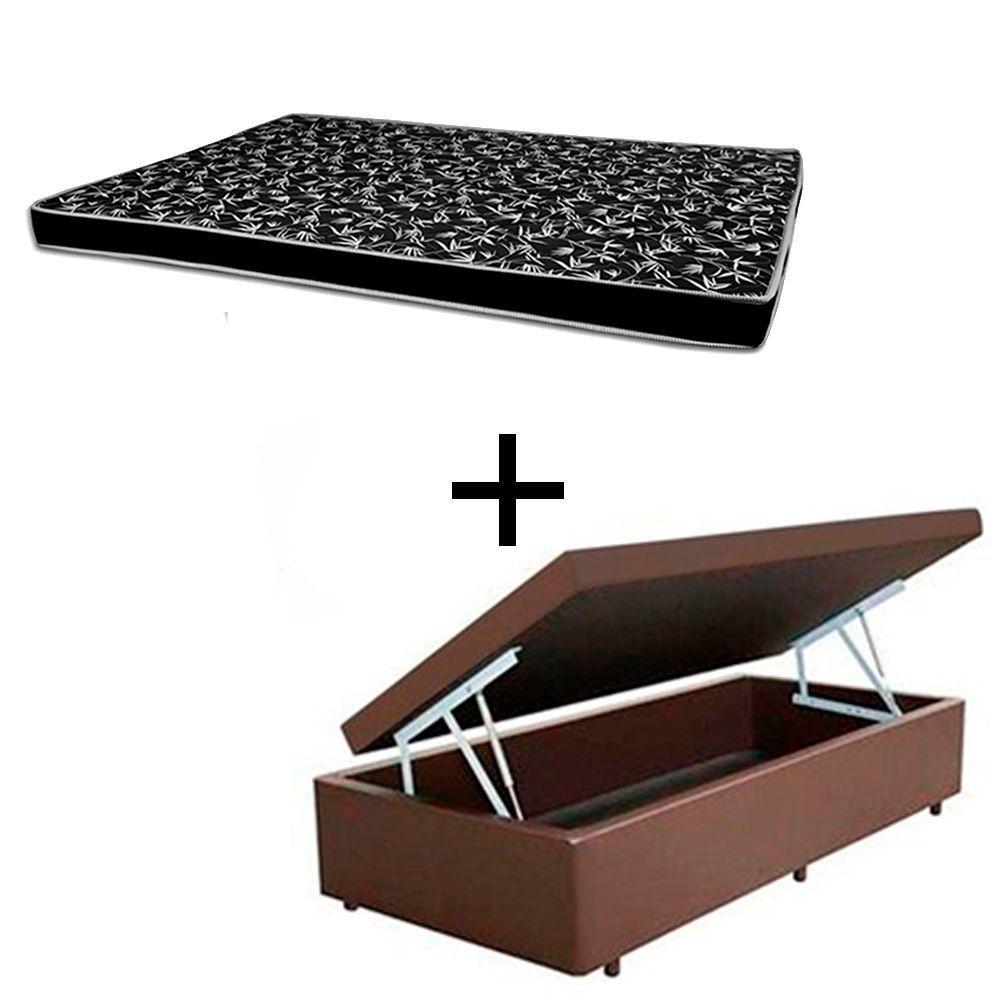 Cama Box Baú Solteiro 88 Tecido Sintético Marrom Com Colchão Hamburgo - 100% Espuma - D28 Preto 55x88x188 - 1