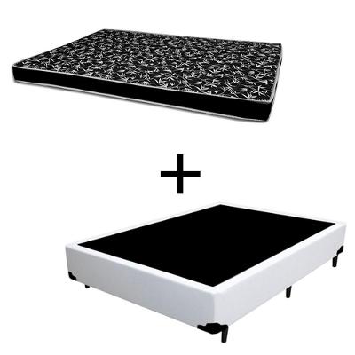 Cama Box Casal 138 Tecido Sintético Branco Com Colchão Hamburgo - 100% Espuma - D28 Preto 54x138x188
