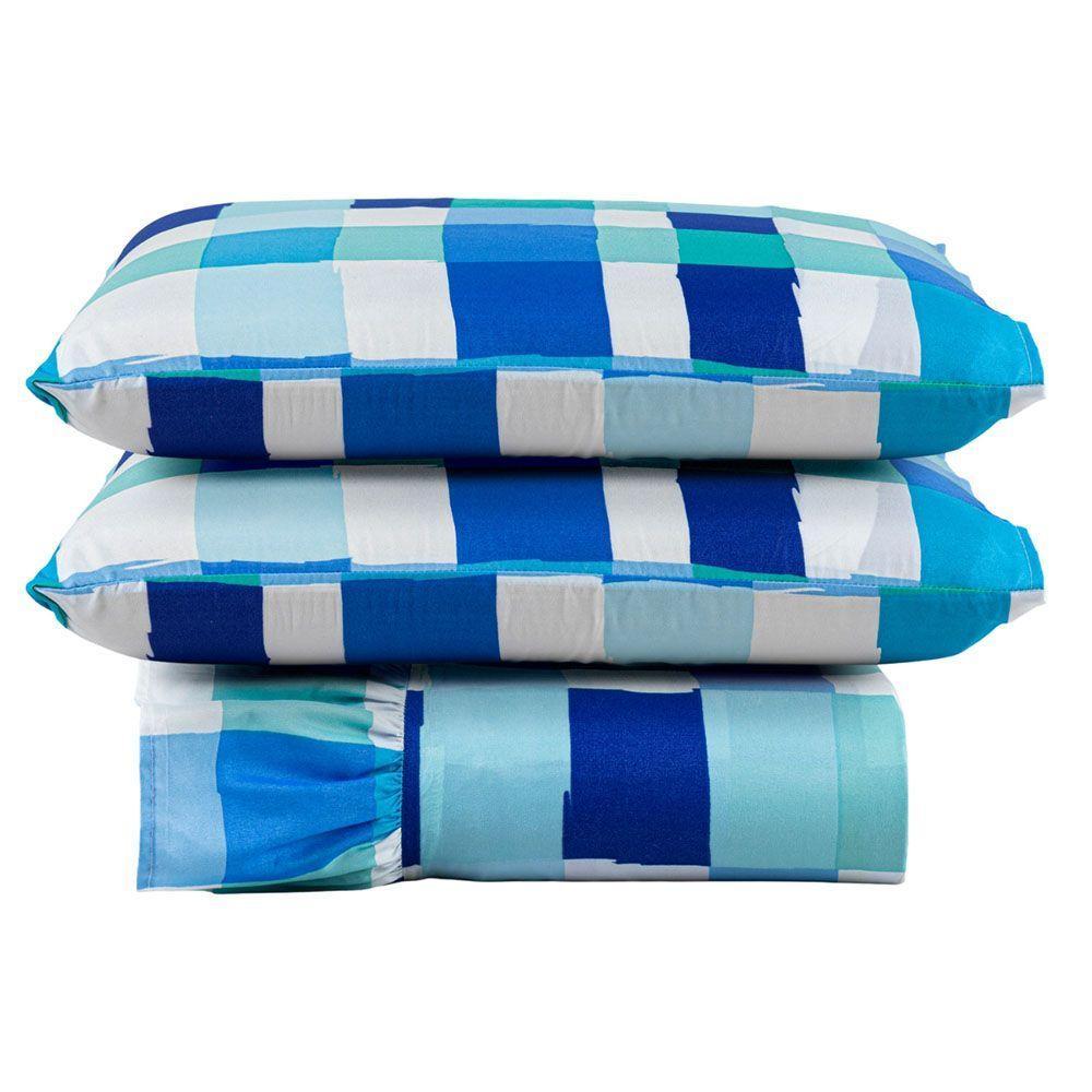 Kit Cobre Leito Colcha Bella Queen 3 Peças 400 Fios Estampado Com Babado - Quadri Azul 4 - 100% Poliéster - 1
