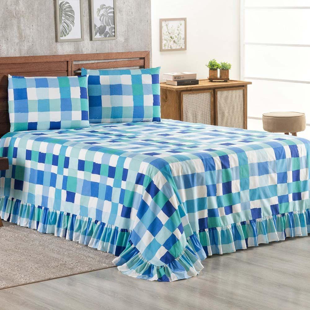 Kit Cobre Leito Colcha Bella Queen 3 Peças 400 Fios Estampado Com Babado - Quadri Azul 4 - 100% Poliéster - 2