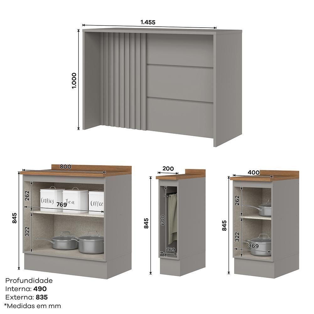 Kit Ilha Gourmet Com Balcões 80cm, 40cm E Porta Toalha Americana Cinza - Móveis Henn Cinza - 6