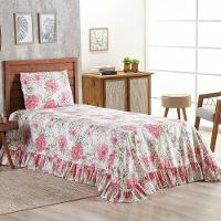 Kit Cobre Leito Colcha Turin Solteiro Estampada C/ Babado 400 Fios 2 Peças Flores Floral Rosa - 2