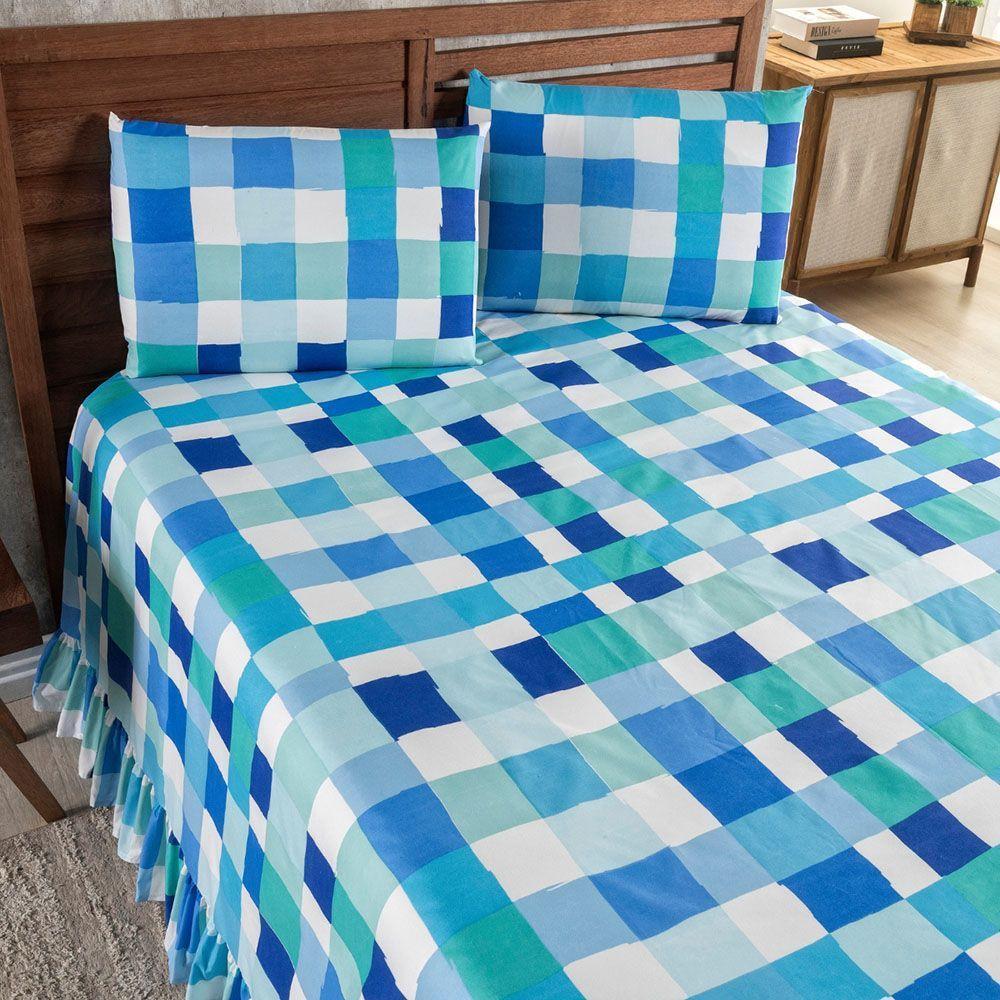 Kit Cobre Leito Colcha Turin Queen Estampada C/ Babado 400 Fios 3 Peças Xadrez Quadriculado Azul - 3
