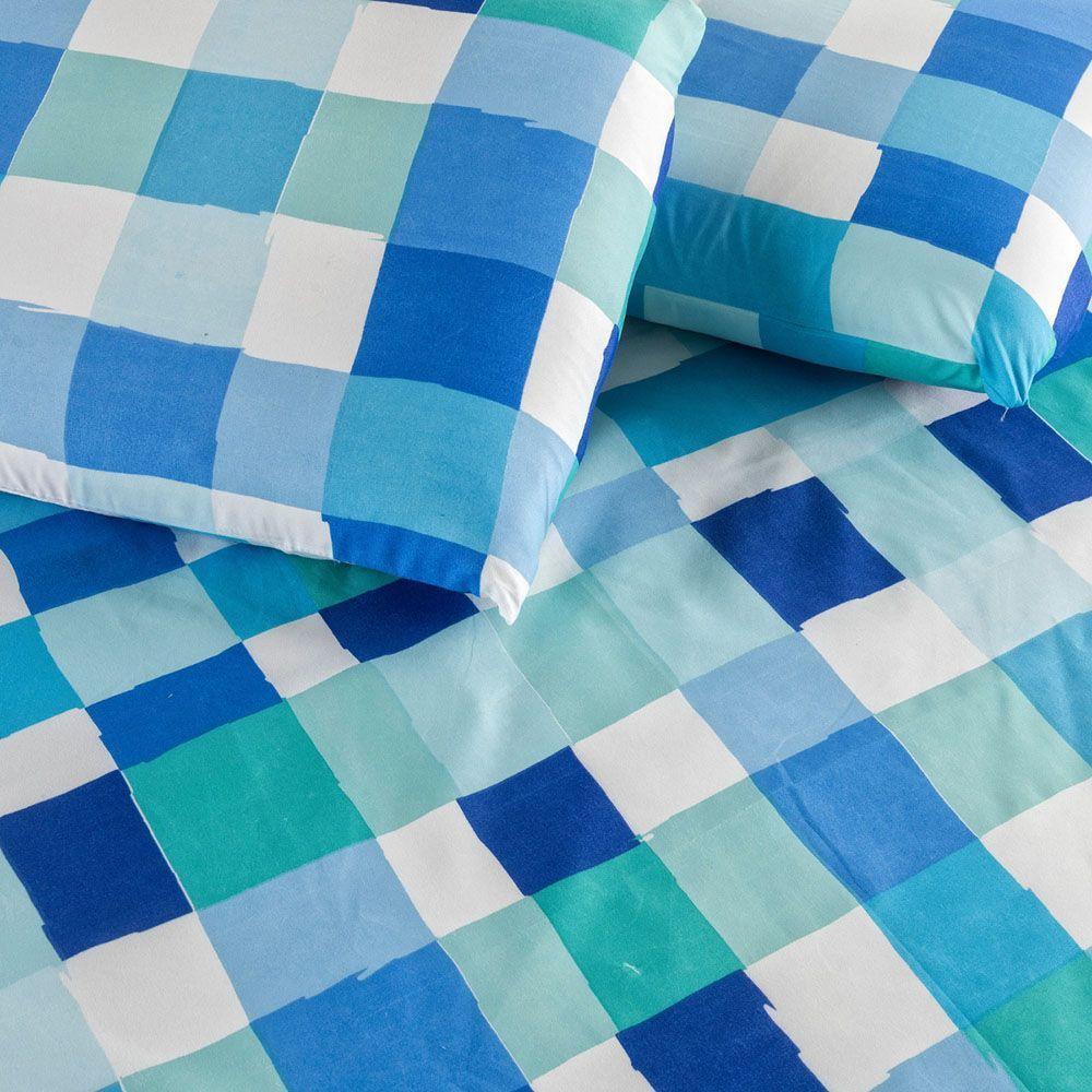 Kit Cobre Leito Colcha Turin Queen Estampada C/ Babado 400 Fios 3 Peças Xadrez Quadriculado Azul - 5