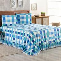 Kit Cobre Leito Colcha Turin Queen Estampada C/ Babado 400 Fios 3 Peças Xadrez Quadriculado Azul - 2