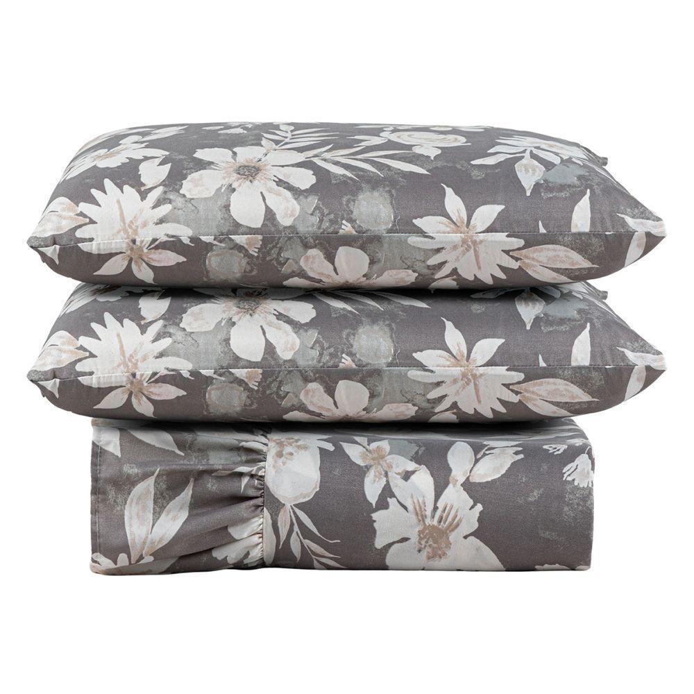 Kit Cobre Leito Colcha Turin Casal Estampada C/ Babado 400 Fios 3 Peças Florido Flores Cinza - 100% Poliéster - 1