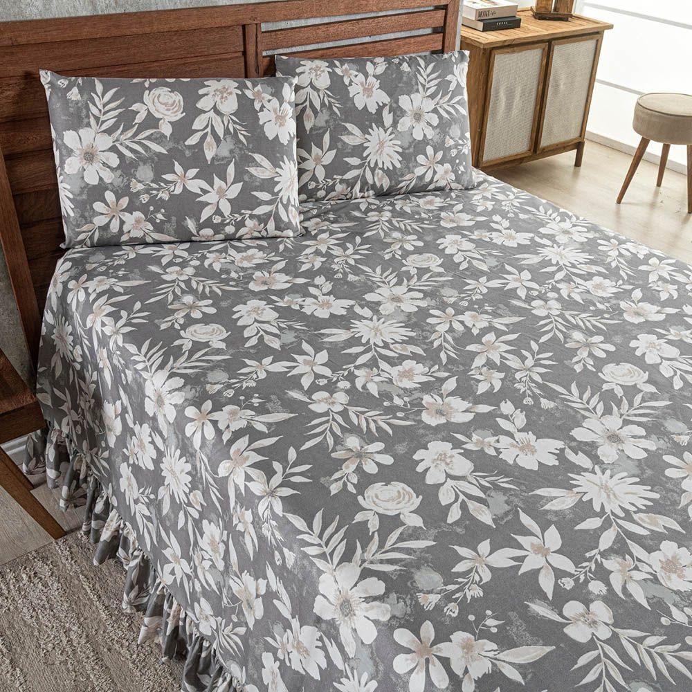 Kit Cobre Leito Colcha Turin Casal Estampada C/ Babado 400 Fios 3 Peças Florido Flores Cinza - 100% Poliéster - 3