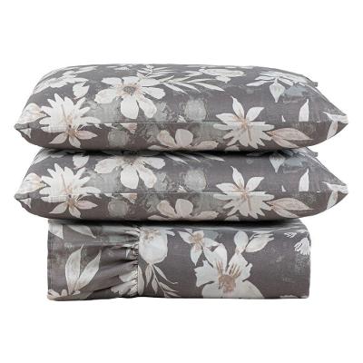 Kit Cobre Leito Colcha Turin Casal Estampada C/ Babado 400 Fios 3 Peças Florido Flores Cinza - 100% Poliéster