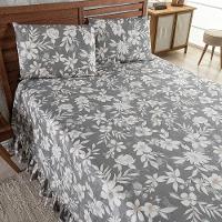 Kit Cobre Leito Colcha Turin Casal Estampada C/ Babado 400 Fios 3 Peças Florido Flores Cinza - 100% Poliéster - 3