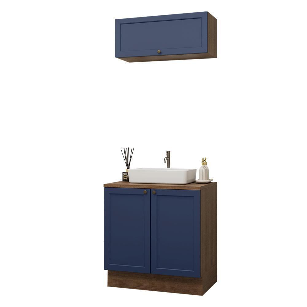 Conjunto Gabinete Para Banheiro 80cm 3 Portas Vik Madesa 02 Rustic-azul - 2