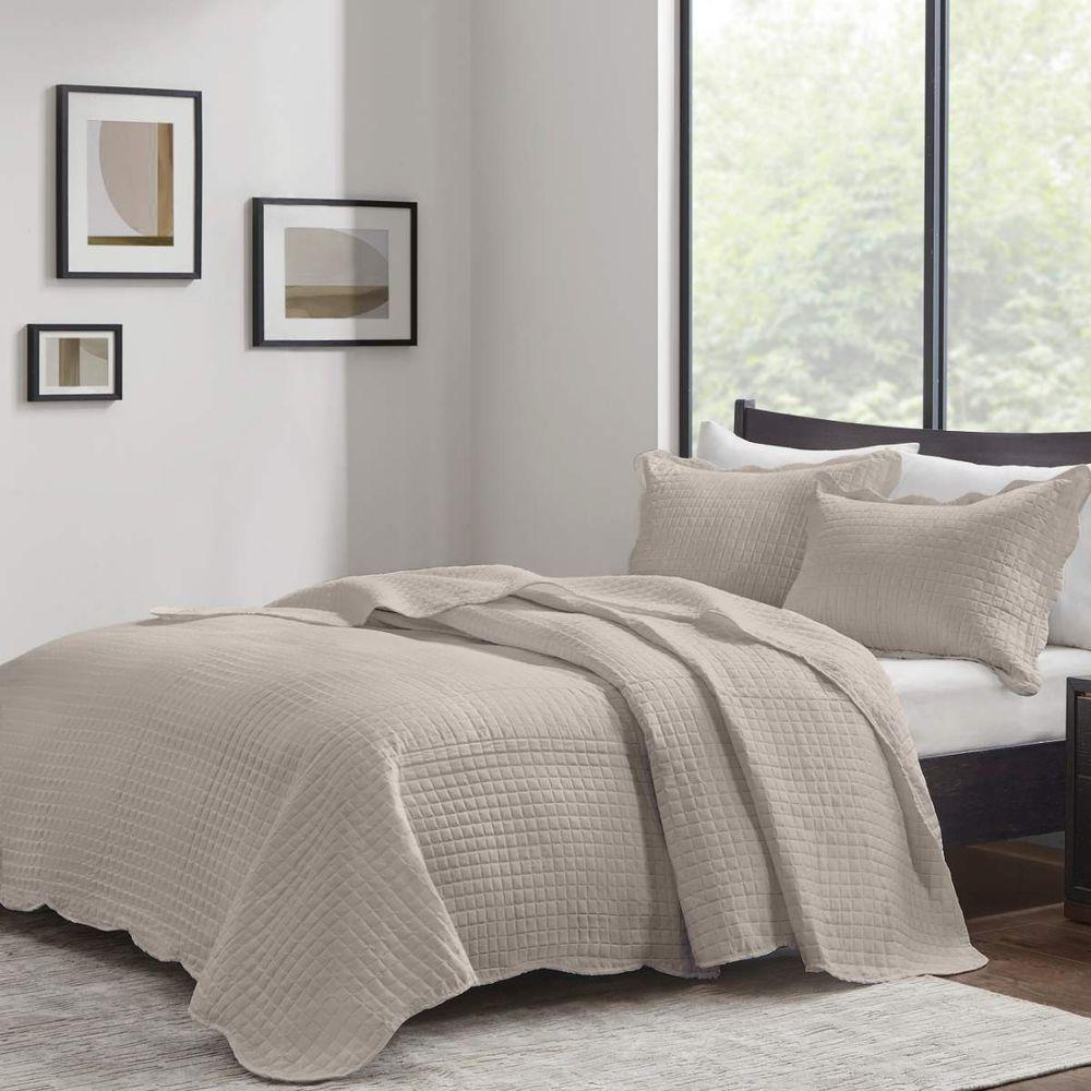 Kit Cobre Leito Casal Milão Liso + 2 Porta Travesseiros Geometrico Bege - 1