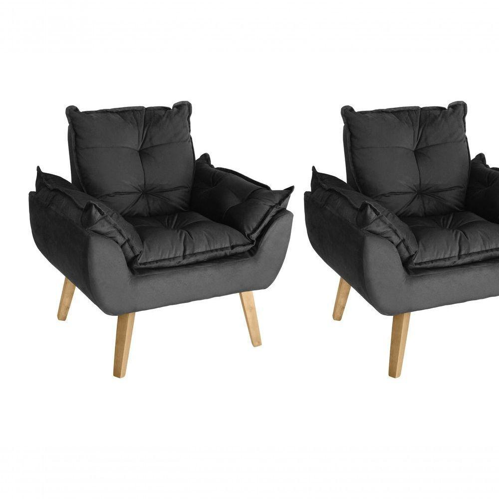 Kit 02 Poltrona Decorativa Confortável Com Puff Glamour Opala Com Pés Quadrado Preto - 4