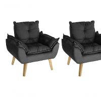 Kit 02 Poltrona Decorativa Confortável Com Puff Glamour Opala Com Pés Quadrado Preto - 4