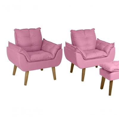 Kit 02 Poltrona Decorativa Confortável Com Puff Glamour Opala Com Pés Quadrado Rosê