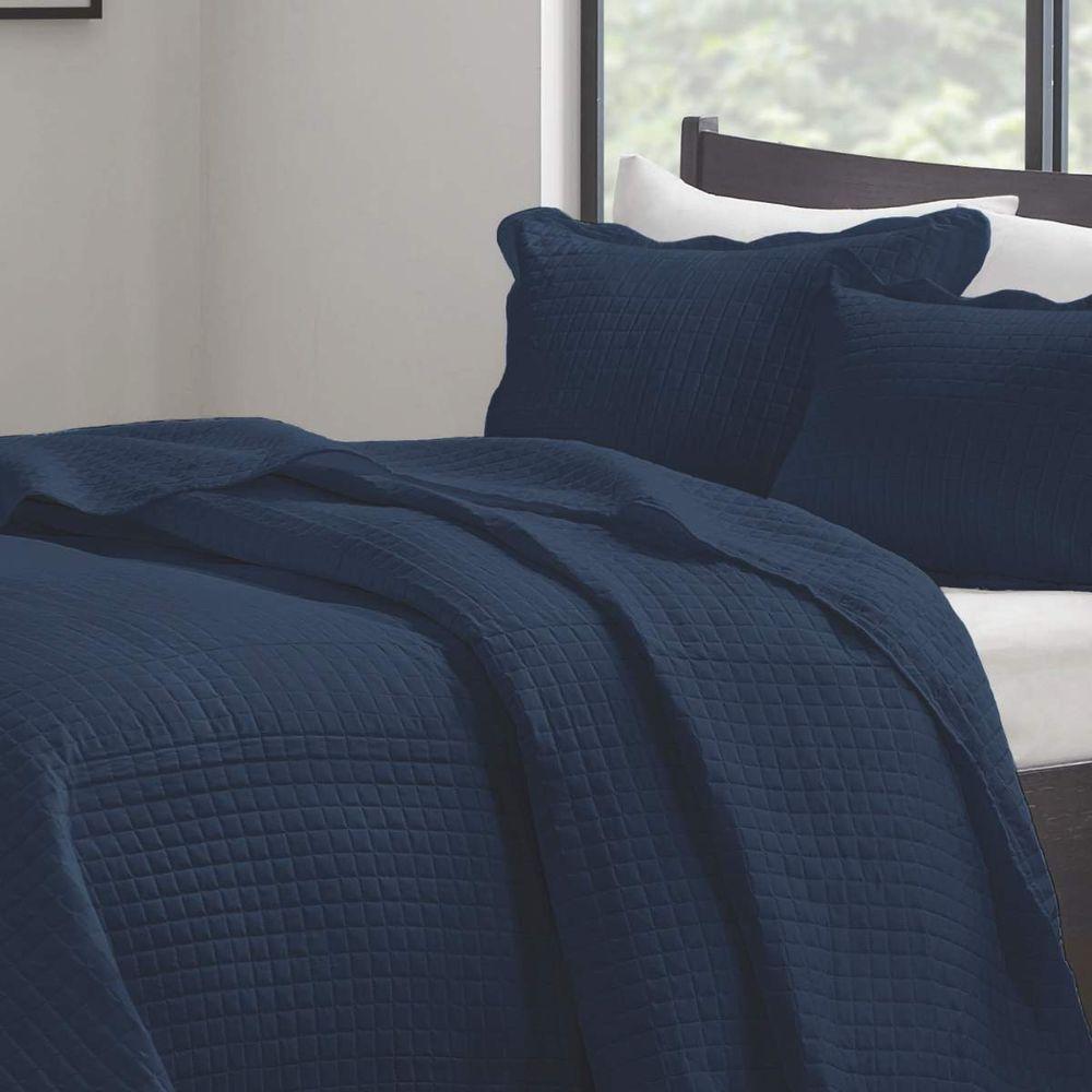 Kit Cobre Leito Casal Milão Liso + 2 Porta Travesseiros Geometrico Marinho - 2