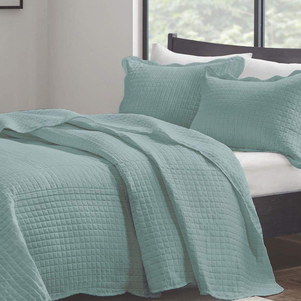 Kit Cobre Leito Casal Milão Liso + 2 Porta Travesseiros Geometrico Verde Acqua - 2