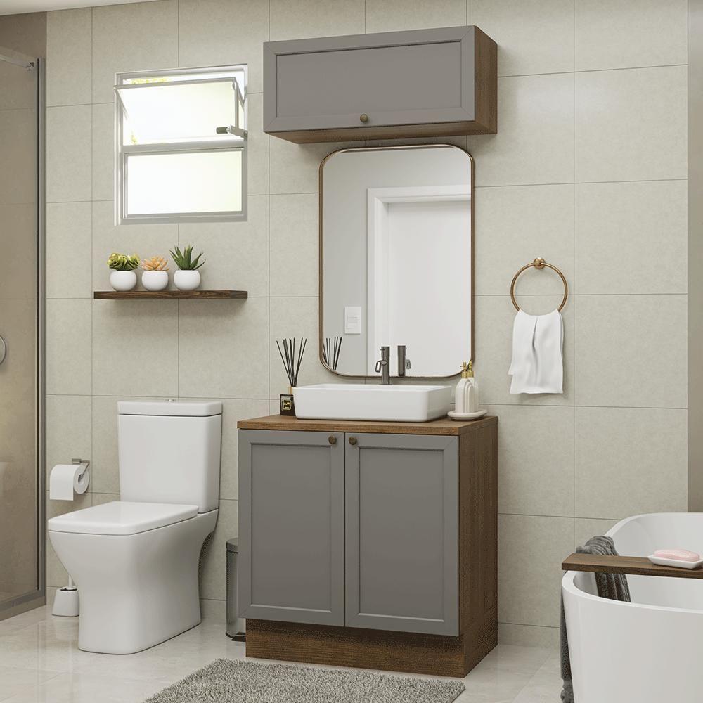 Conjunto Gabinete Para Banheiro 80cm 3 Portas Vik Madesa 02 Rustic-cinza - 1