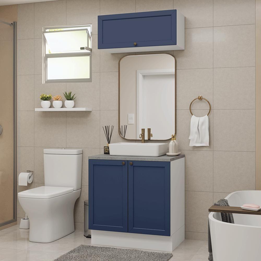 Conjunto Gabinete Para Banheiro 80cm 3 Portas Vik Madesa 02 Branco-azul - 1