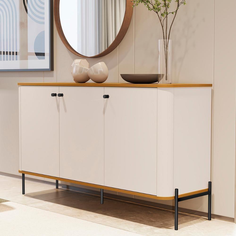 Aparador Buffet Tucupí Sala Com 3 Portas E Pés De Metal Off White-nature-preto - 2