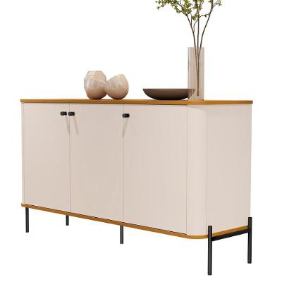 Aparador Buffet Tucupí Sala Com 3 Portas E Pés De Metal Off White-nature-preto