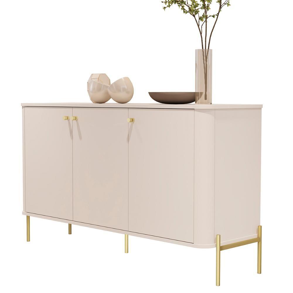 Aparador Buffet Tucupí Sala Com 3 Portas E Pés De Metal Off White-dourado - 1