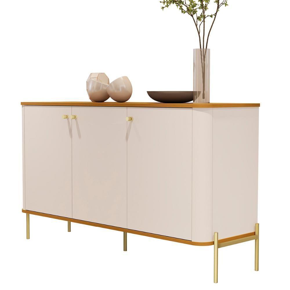 Aparador Buffet Tucupí Sala Com 3 Portas E Pés De Metal Off White-nature-dourado - 1