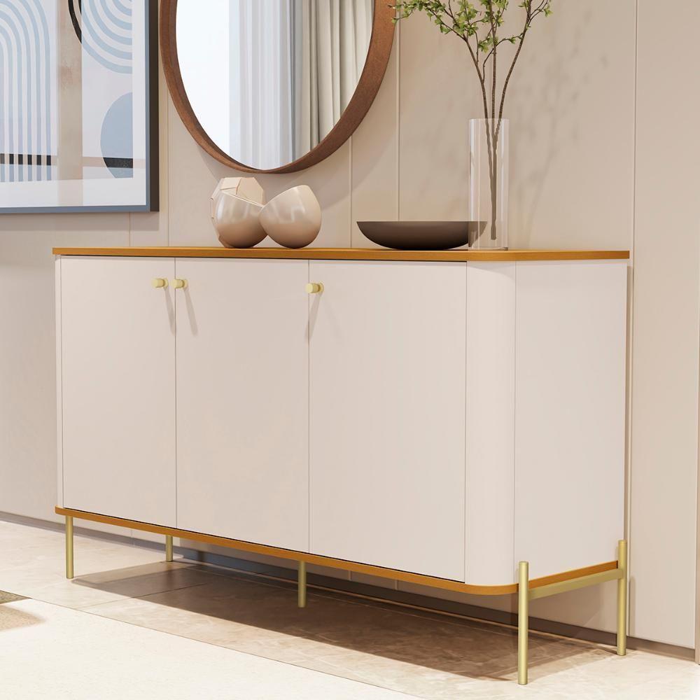 Aparador Buffet Tucupí Sala Com 3 Portas E Pés De Metal Off White-nature-dourado - 2