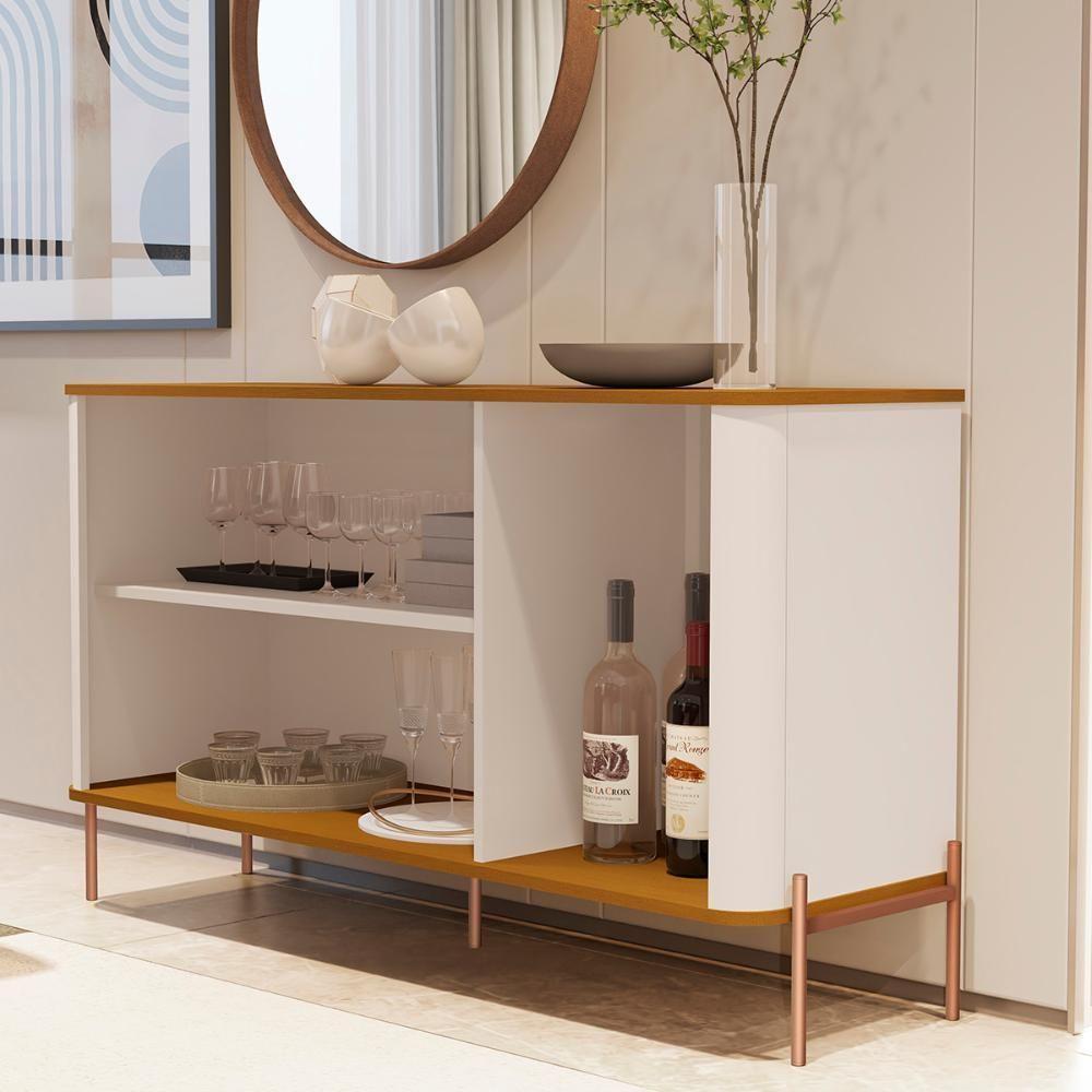 Aparador Buffet Tucupí Sala Com 3 Portas E Pés De Metal Off White-nature-bronze - 3