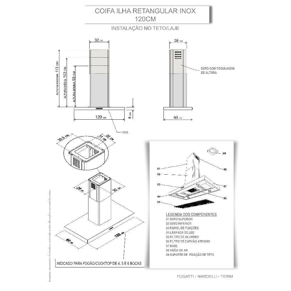 Coifa Terim Ilha Teto Retangular Inox 120 cm Inox 220V - 2