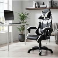 Cadeira Escritório Gamer Profissional Reclinável Ergonômica Preto E Branco Couro Sintético - 1