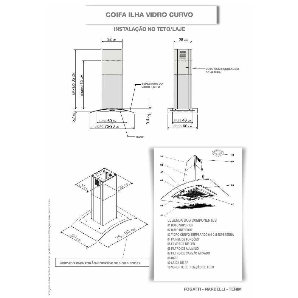 Coifa Terim Ilha Vidro Curvo Inox 75cm Inox 220V - 3