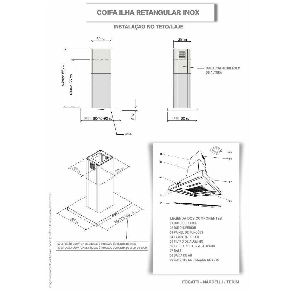 Coifa Ilha 90cm Retangular Terim Inox 220V - 2
