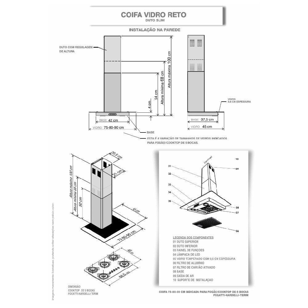 Coifa de Parede 90cm Vidro Reto Terim Inox 220V - 5