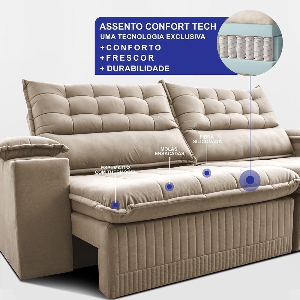 Sofá Retrátil E Reclinável 2,60m Molas Ensacadas Dream. Velusoft Cama Inbox Bege - 4