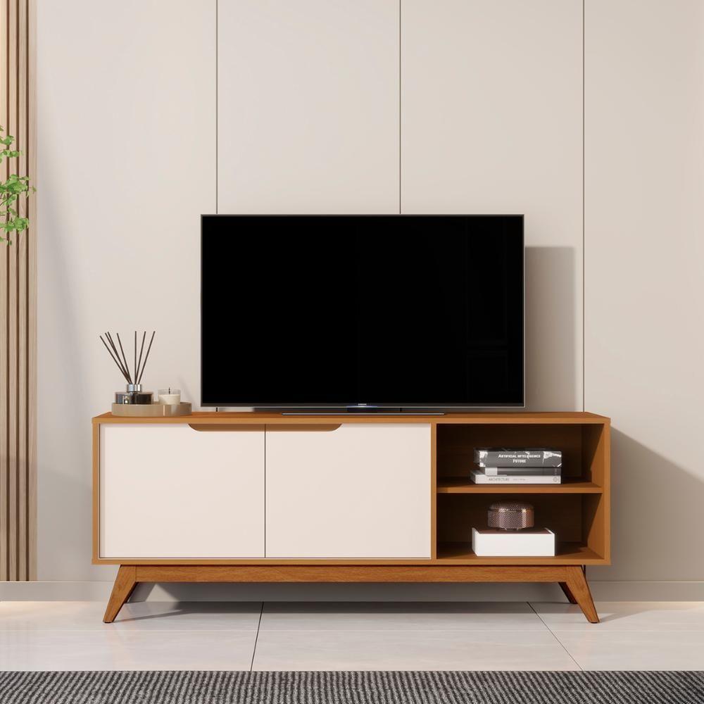 Rack Bancada Tucumã 1.4 Tv Até 60 Pol. Pés De Madeira Maciça Nature-off White - 2