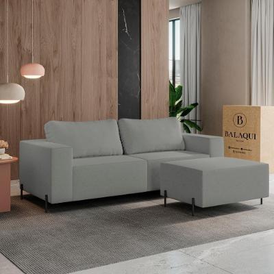 Sofá 3 Lugares Sense Moderno Bouclê Com Puff Balaqui Decor Cor:cinza Claro Cinza Claro