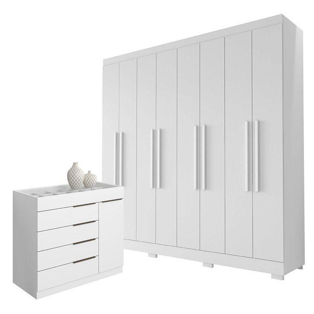 Guarda Roupa Casal Porto 8 Portas 4 Gavetas E Cômoda Sapateira Sevilha Branco Brilho – Aramóveis - 1