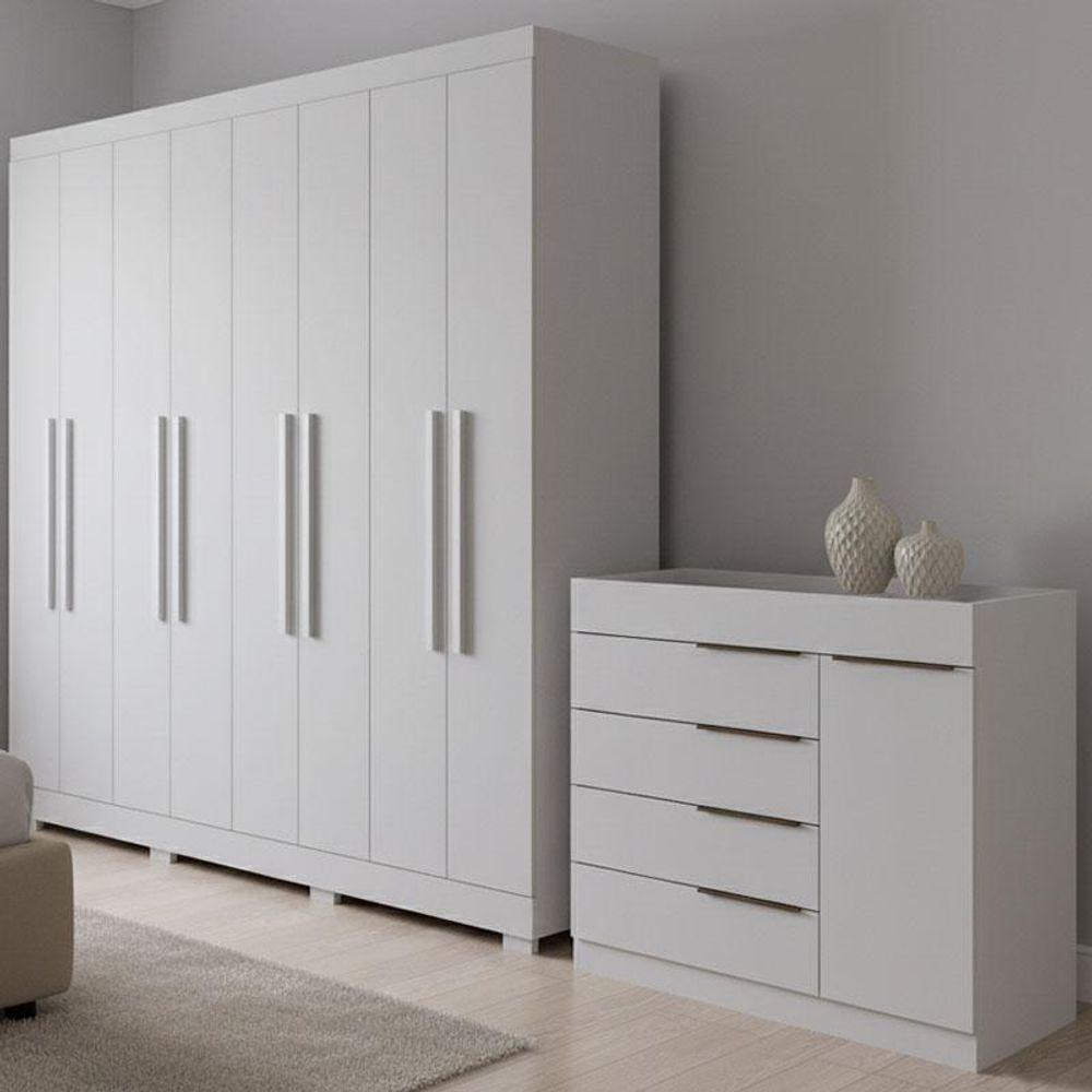 Guarda Roupa Casal Porto 8 Portas 4 Gavetas E Cômoda Sapateira Sevilha Branco Brilho – Aramóveis - 8