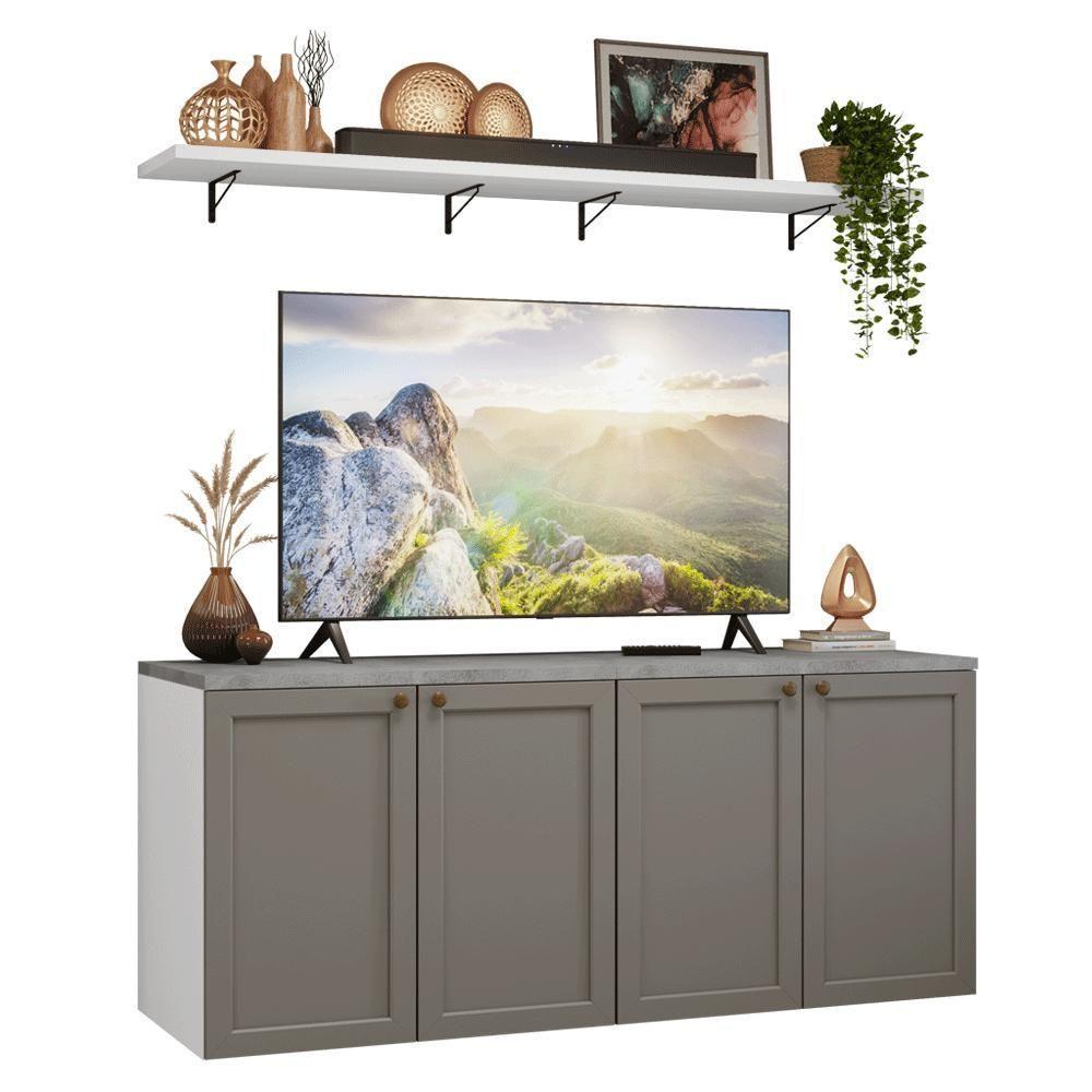 Rack Para Tv Até 70 Polegadas + Prateleiras 160cm Vik Madesa 05 Branco-cinza - 2