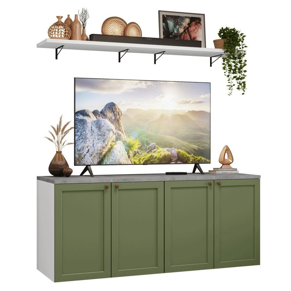 Rack Para Tv Até 70 Polegadas + Prateleiras 160cm Vik Madesa 05 Branco-verde - 2