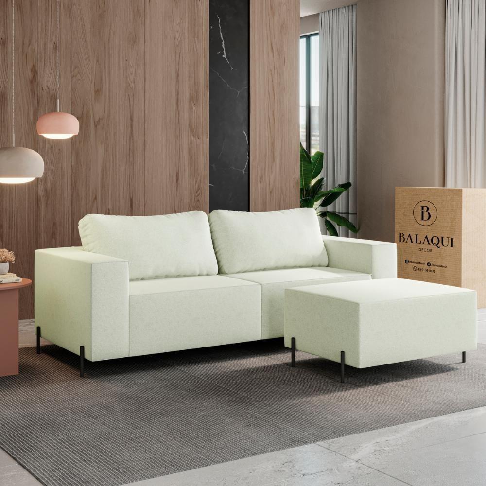 Sofá 3 Lugares Sense Moderno Bouclê Com Puff Balaqui Decor Cor:bege Bege - 1