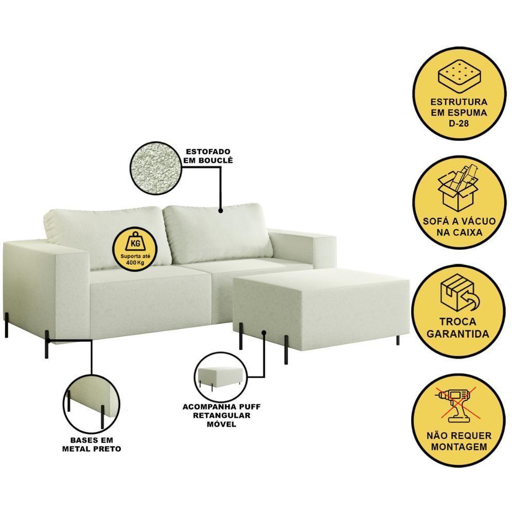 Sofá 3 Lugares Sense Moderno Bouclê Com Puff Balaqui Decor Cor:bege Bege - 2