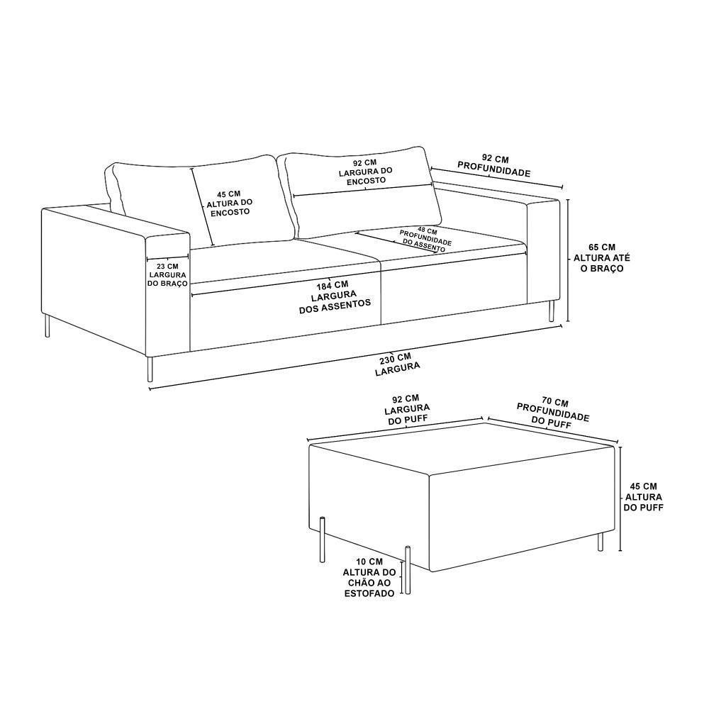 Sofá 3 Lugares Sense Moderno Bouclê Com Puff Balaqui Decor Cor:bege Bege - 3