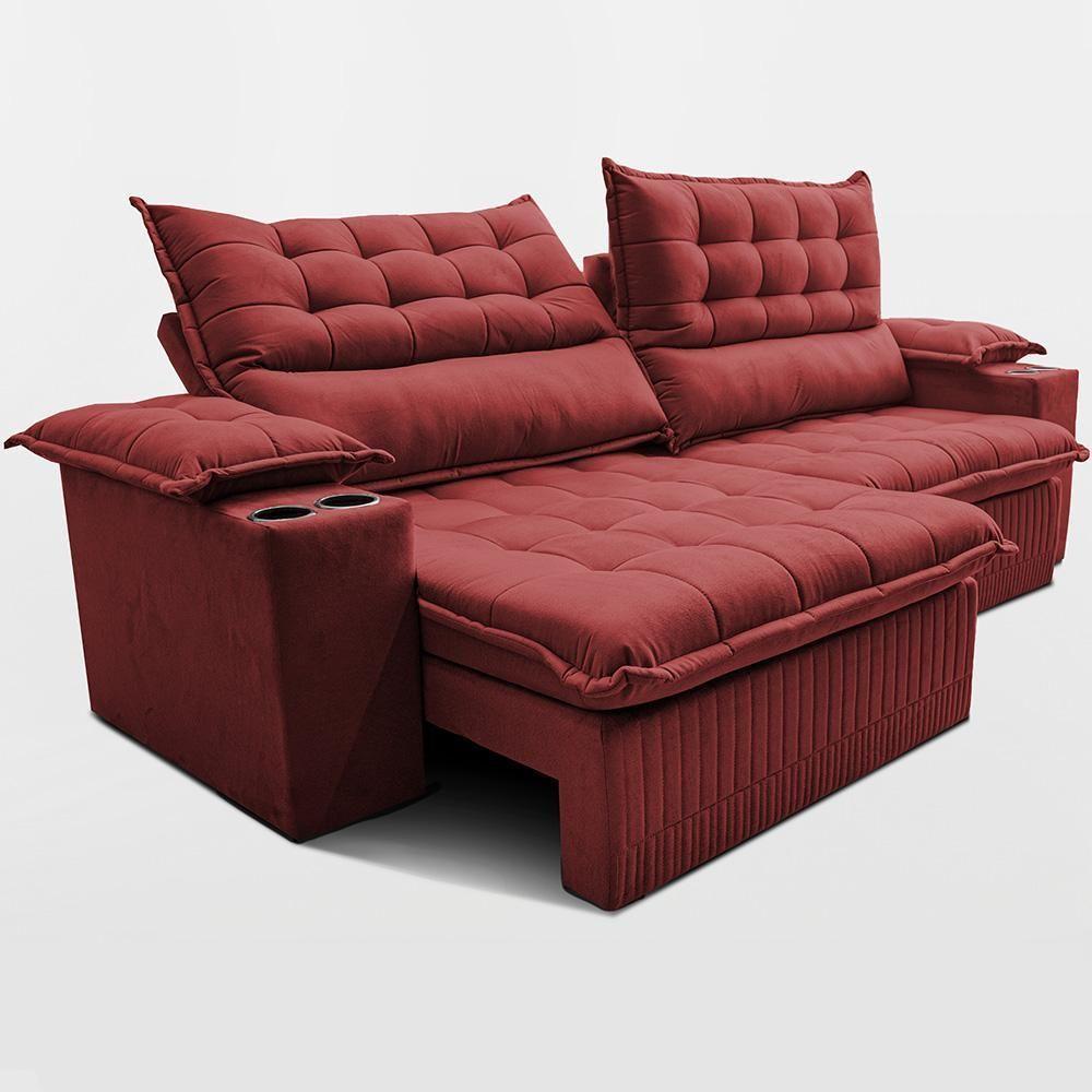 Sofá Retrátil E Reclinável 2,60m Molas Ensacadas Dream. Velusoft Cama Inbox Vermelho - 6