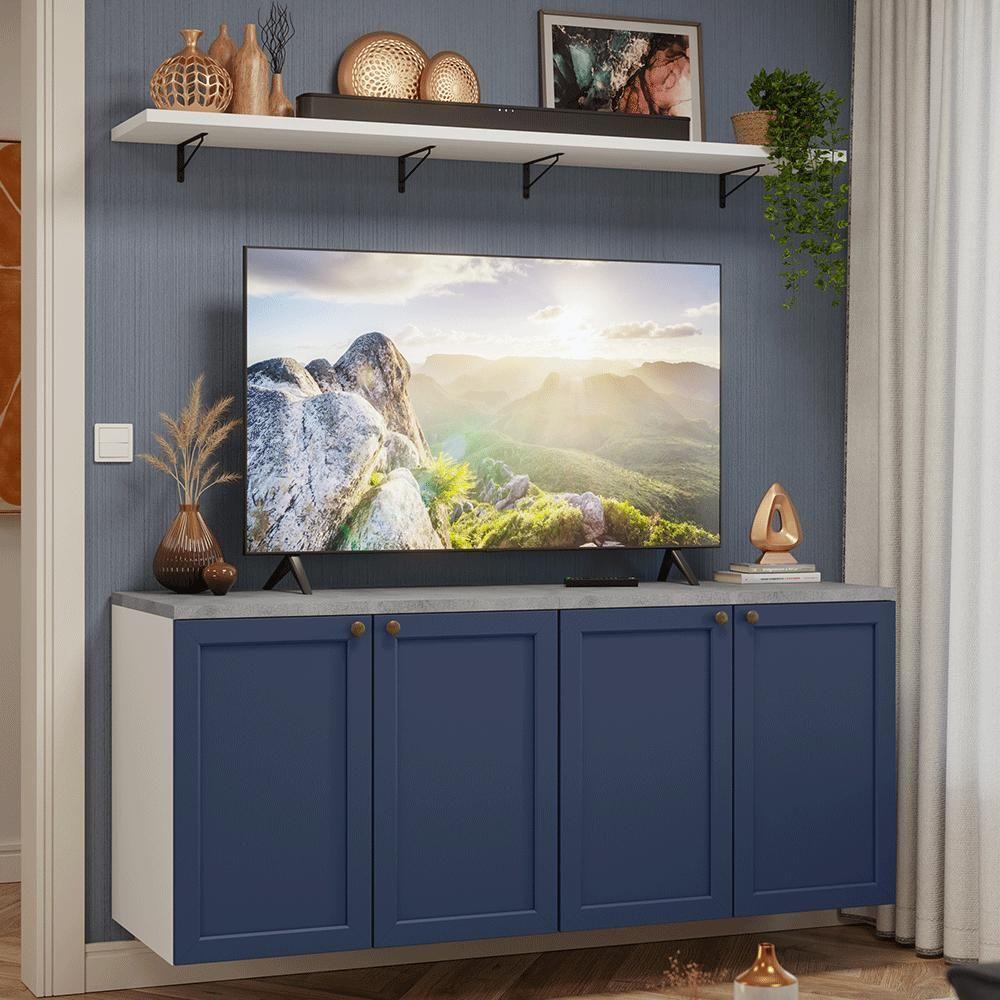 Rack Para Tv Até 70 Polegadas + Prateleiras 160cm Vik Madesa 05 Branco-azul - 1
