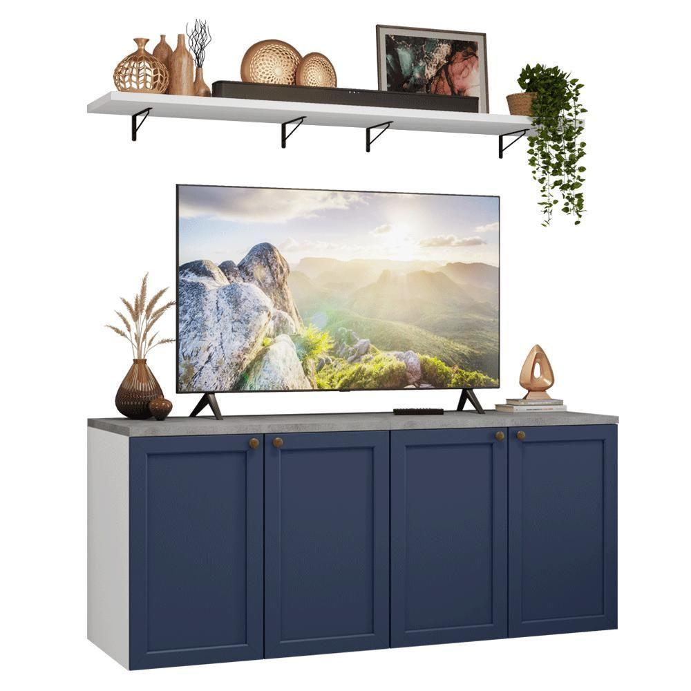 Rack Para Tv Até 70 Polegadas + Prateleiras 160cm Vik Madesa 05 Branco-azul - 3