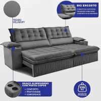 Sofá Retrátil E Reclinável 2,60m Molas Ensacadas Dream. Velusoft Cama Inbox Cinza - 2